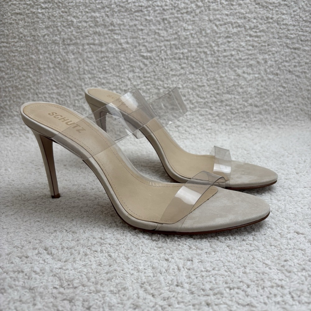 Schutz Heeled Sandals Womens 11B Nude Ariella Vinyl‎ Strappy Slip On Leather
